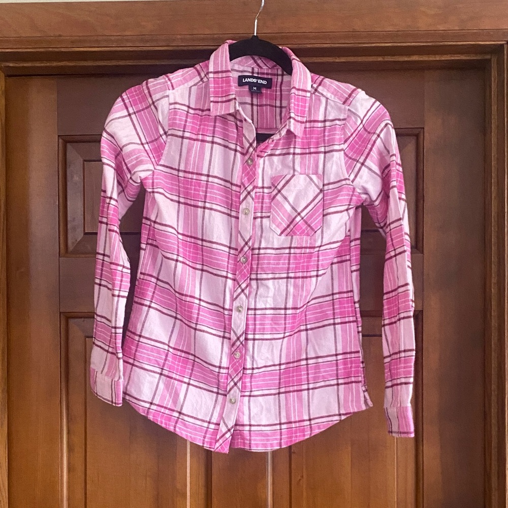 Lands' End Kids Pink Plaid Button Down Shirt